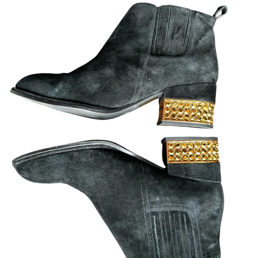 Jeffrey Campbell Metcalf-J2 Black Suede Chelsea Ankle Bootie Jeweled Heel